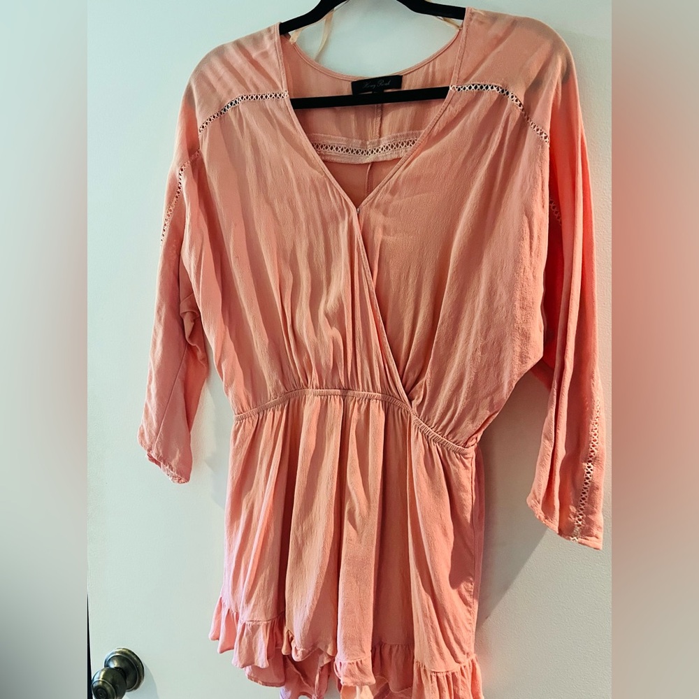 Honey Punch Coral Wrap Romper with 3/4 Sleeves